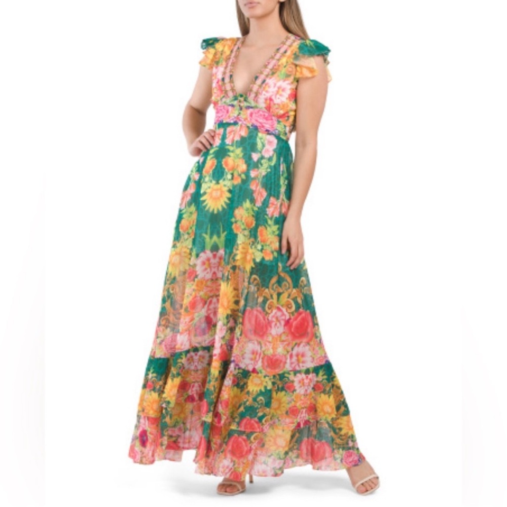 Dalia Macphee Womens Sleeveless Retro Deep V-neck Floral Print Maxi Dress Sz M